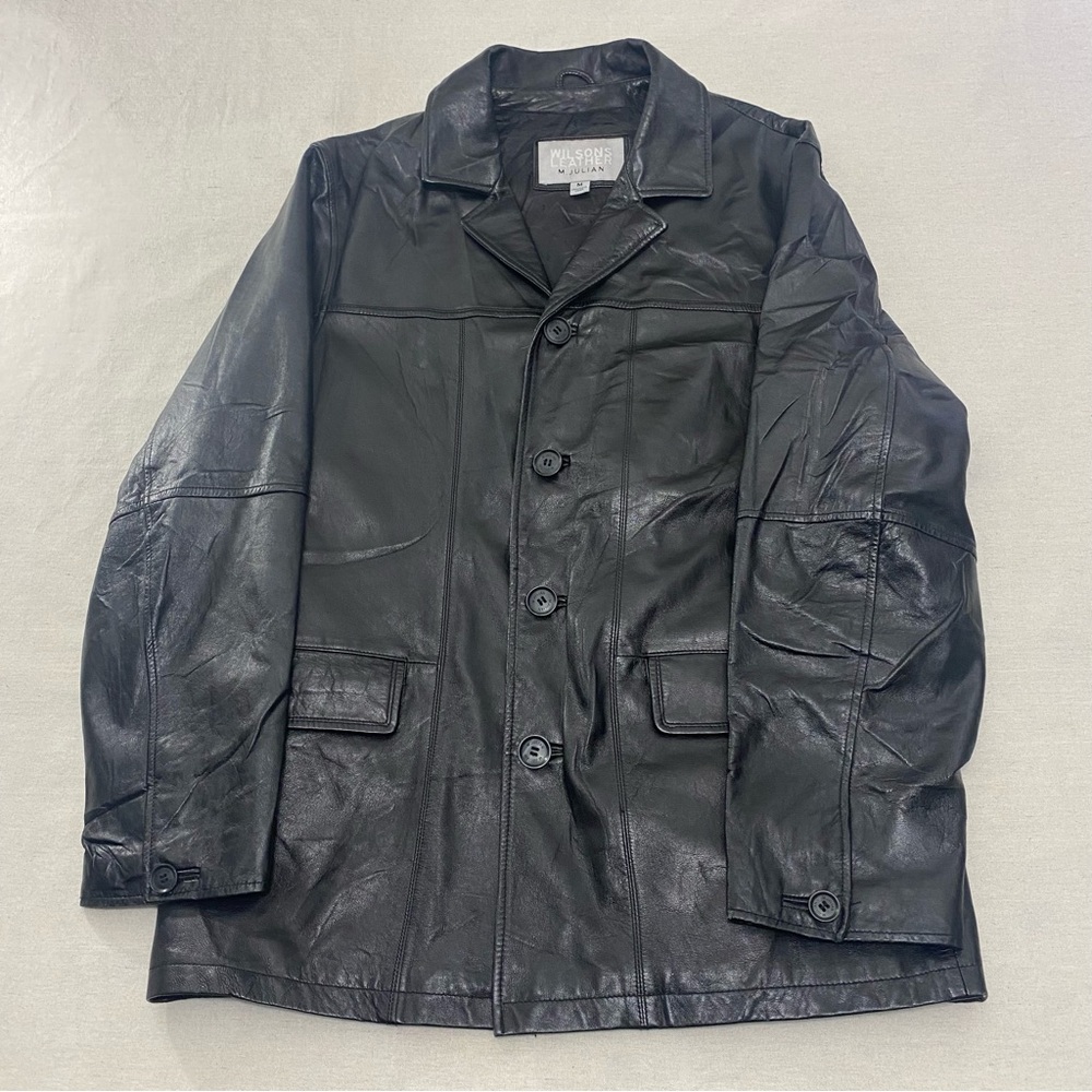 Wilsons Black Leather Jacket Lined Women's Size M Blazer Button Up Pockets